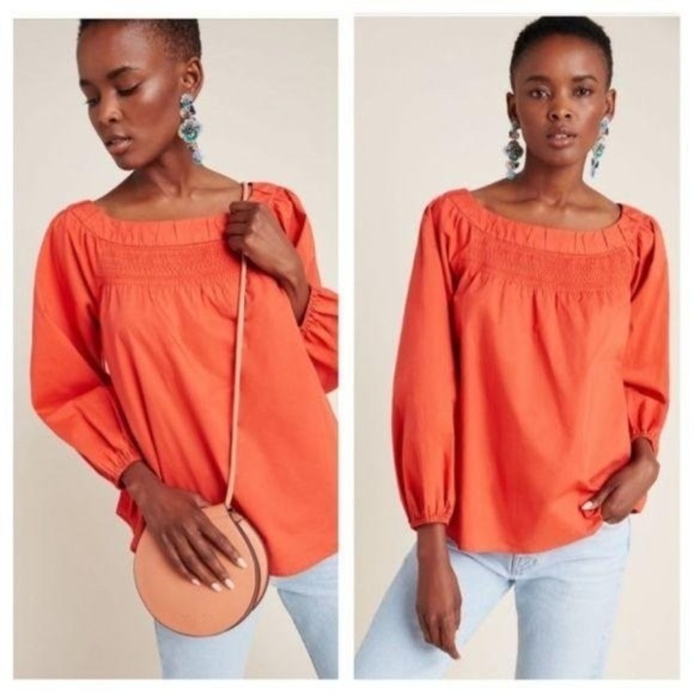 NEW Anthropologie Maeve Women Jessie Smocked Top Small Coral Peasant Boho Cottag